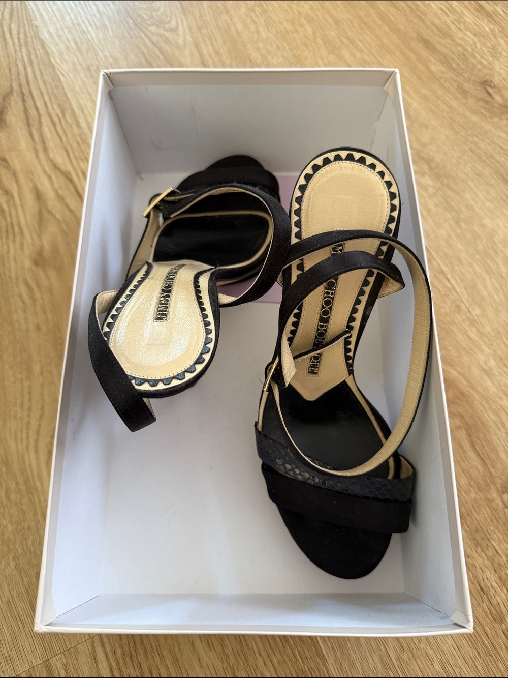Jimmy Choo Black and Beige Strappy Heeled Sandals